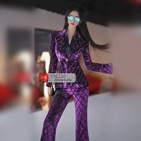 VJE职业女装立体格纹丝绒西装喇叭裤两件套2023秋款洋气正装套装商品大图