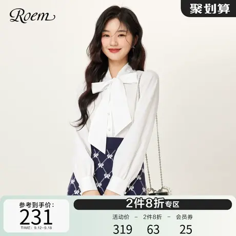 Roem春秋 商场同款气质飘带通勤甜美蝴蝶结长袖衬衫女雪纺衫图片