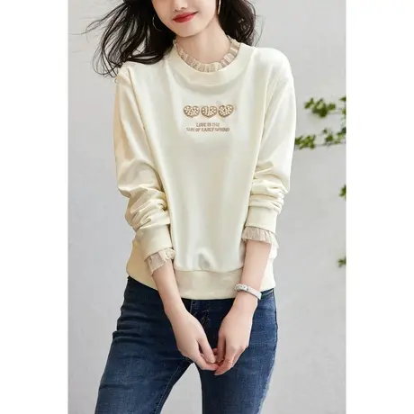 时尚气质花边套头卫衣2023年春季新款女士宽松休闲简约百搭上衣商品大图