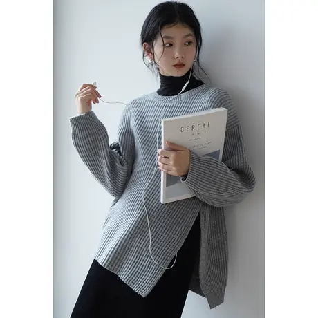 嘉茱莉2023秋季新款1OO羊毛针织衫女小众设计感针织上衣宽松长款商品大图