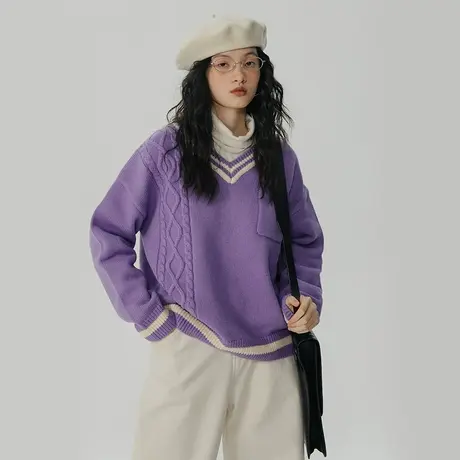 omont蛋挞家  红色v领套头毛衣女秋冬2023新款绞花宽松针织上衣图片