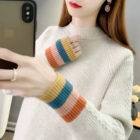 半高领麻花毛衣女加厚打底衫2023秋冬新款套头条纹针织衫内搭上衣商品大图