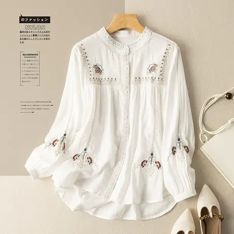 享永子刺绣白色衬衫女棉质衬衣宽松显瘦休闲上衣百搭2023春夏新款商品大图