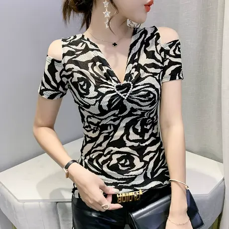 女装2023新款潮性感露肩T恤女短袖夏印花复古上衣洋气显瘦V领小衫商品大图