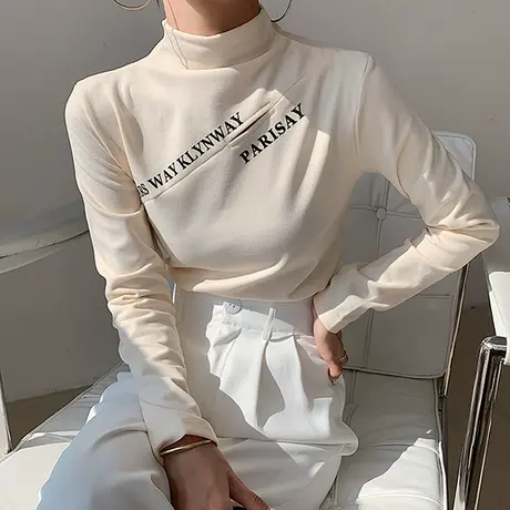 双面德绒打底衫女秋冬内搭半高领保暖T恤长袖设计感小众加厚上衣商品大图