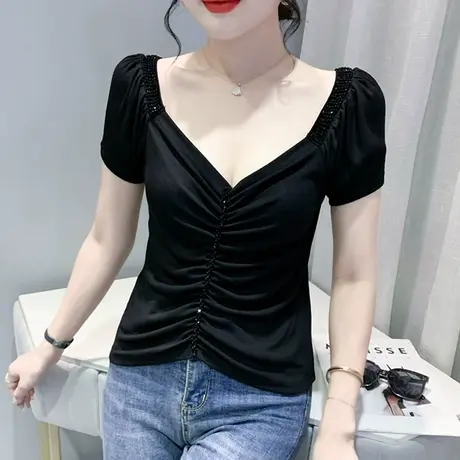 欧货泡泡袖T恤女短袖性感V领钉珠小衫气质修身上衣设计感小众体恤商品大图