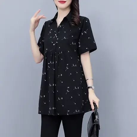 2023夏装新款短袖衫女大码女装胖妹妹遮肚显瘦时尚气质中长款衬衣图片