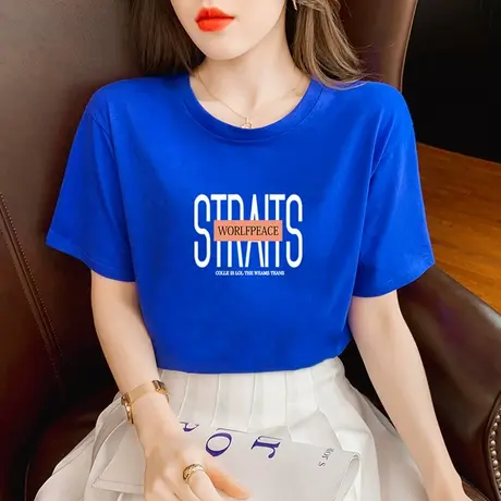 克莱因蓝色短袖t恤女夏季2023新款宽松显瘦设计感小众纯棉上衣ins商品大图