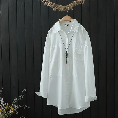 2022衬衫女春款中长款叠穿宽松打底衫大码设计感小众休闲白衬衣女商品大图