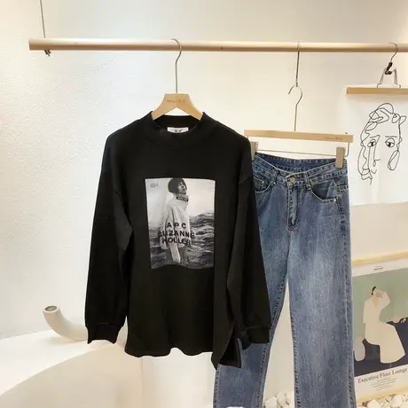 秋冬款打底衫女韩国东大门头像半高领磨毛加绒中长款T恤欧货大码图片