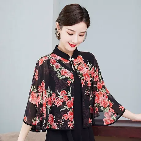 夏季雪纺印花小披肩复古风无袖斗篷式披肩女配裙子小外搭气质百搭图片