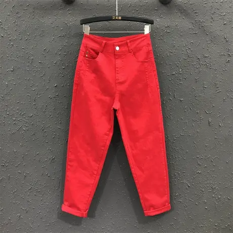 欧洲站2023女秋新款大红色宽松休闲牛仔哈伦裤高腰显瘦阔腿老爹裤图片