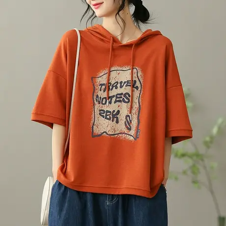 dza 复古连帽上衣女士纯棉春夏短袖内搭打底衫宽松半袖带帽女t恤商品大图