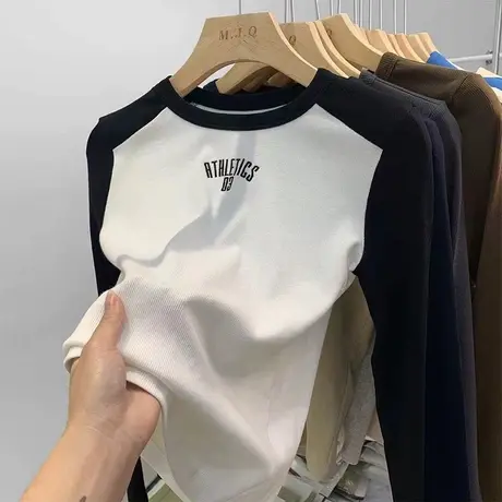 美式辣妹风长袖t恤女早秋插肩袖打底衫拼接高腰修身正肩上衣ins潮图片