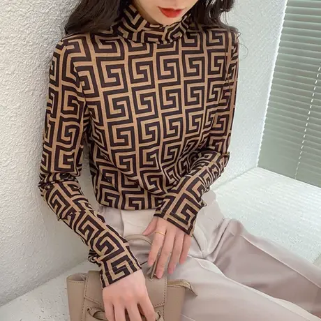 秋冬打底衫女长袖t恤2023遮肚子洋气小衫高领内搭复古格子上衣商品大图