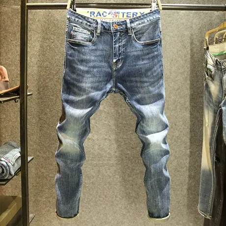 男装修身弹力牛仔裤男款夏季蓝色小直筒裤高端水洗复古潮牌长裤子商品大图