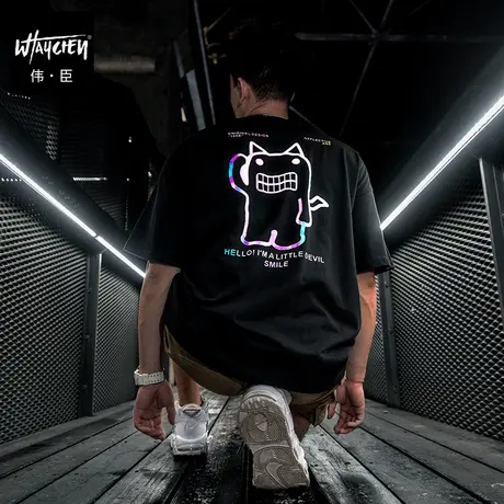 伟臣潮流大码落肩五分袖T恤男胖子加肥加大反光印花短袖宽松体恤商品大图