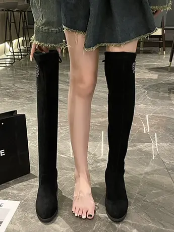 2023年新款秋冬加绒过膝长筒靴显瘦弹力平底高筒靴韩版小个子靴子图片