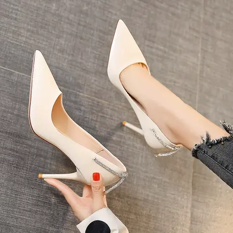 法式水钻高跟鞋2023年春季新款蝴蝶结职业气质尖头单鞋女细跟性感图片