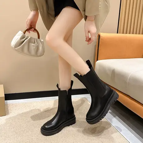 中筒靴女2023秋季新款复古英伦风瘦瘦靴厚底松糕百搭显腿长弹力靴图片