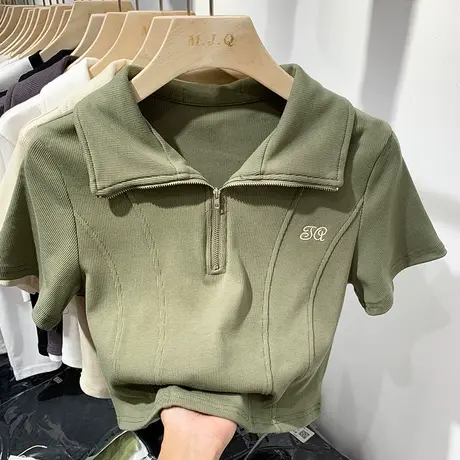夏季大码纯欲短款polo衫鱼骨上衣设计感小众胖mm短袖t恤女装200斤商品大图