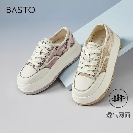 百思图2024夏新款透气帆布鞋小白鞋松糕厚底女运动休闲鞋B2163BM4商品大图