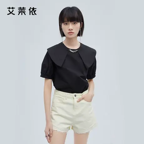 艾莱依白色短袖t恤女2022新款夏荷叶领泡泡袖设计感小众正肩上衣商品大图