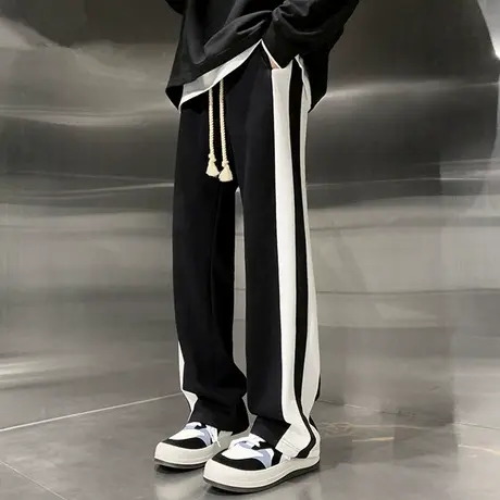 美式潮牌ins裤子男春秋季直筒休闲长裤条纹高街宽松运动阔腿卫裤商品大图