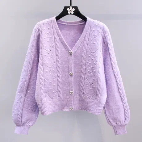 日系小清新V领毛衣外套女秋冬2023新款宽松慵懒风小个子针织开衫商品大图