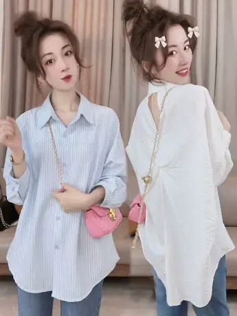 衬衫女装春秋2023新款复古港味设计感褶皱POLO领盐系百搭外穿开衫商品大图