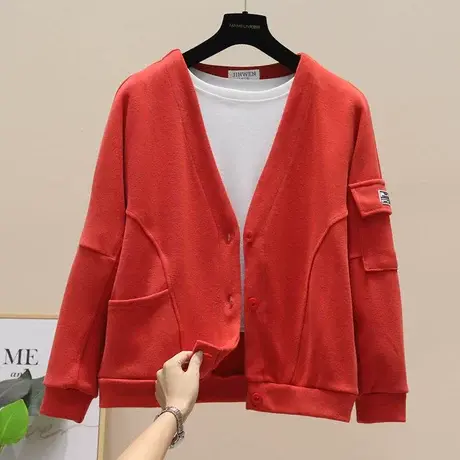 春秋薄款长袖女士卫衣v领开衫外套2023新款宽松韩版ins潮大码上衣商品大图
