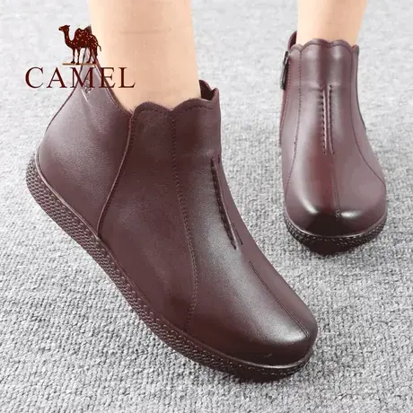Camel/骆驼女鞋冬季新款真头层牛皮加绒保暖棉舒适休闲妈妈短靴子图片
