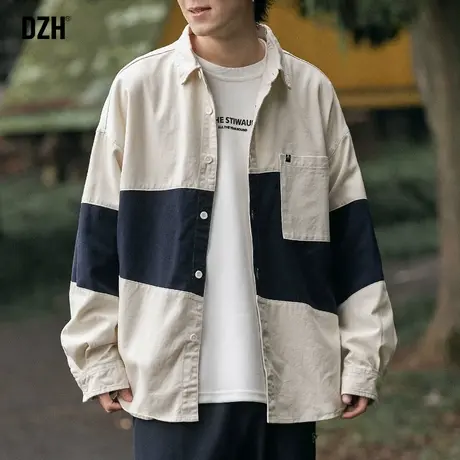 男士衬衫2023新款拼接外套男春秋款潮牌日系男装休闲上衣长袖衬衣商品大图