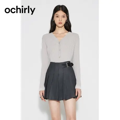 【品牌甄选】欧时力 坑条针织衫23新款秋装上衣V字领修身千金风-商品大图