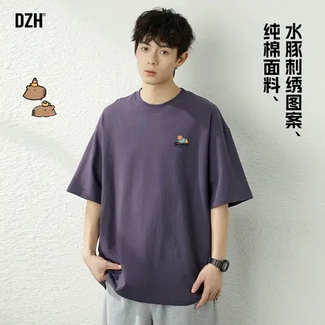 青少年紫色短袖t恤男夏季纯棉2025新款刺绣圆领上衣男款半袖体恤商品大图
