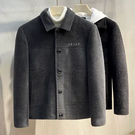 秋冬季加厚毛呢外套男短款翻领商务休闲仿水貂绒男士呢子夹克大衣图片