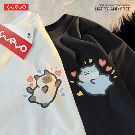 悦游 飞扑猫鼠 2025夏季纯棉宽松情侣短袖T恤原创潮流可爱情侣装商品大图