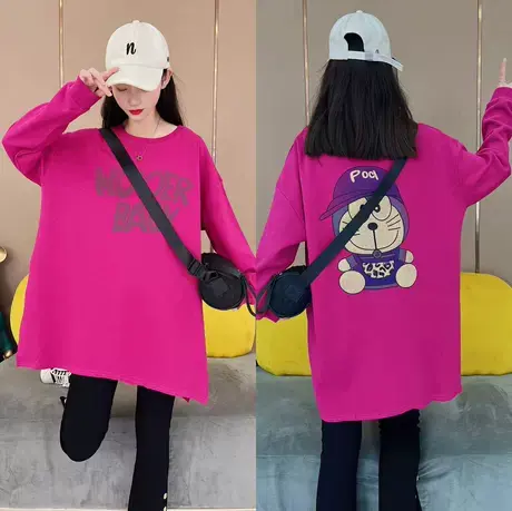 2023初秋长袖女圆领卡通印花上衣t恤卫衣女宽松中长款ins慵懒风女商品大图