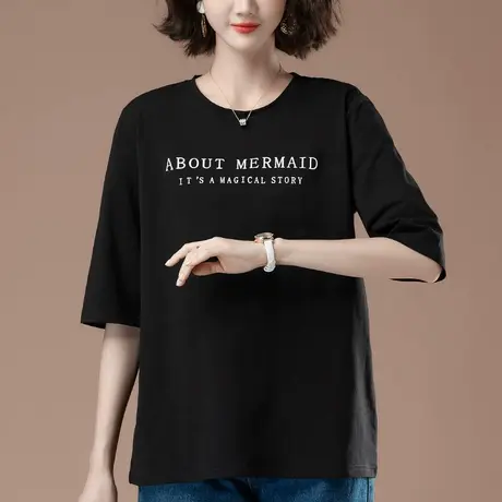 七分袖t恤女加肥加大码女装宽松妈妈秋装纯棉休闲百搭中袖打底衫商品大图