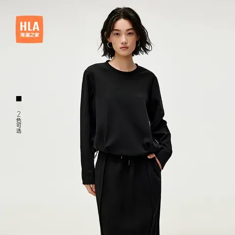 HLA/海澜之家休闲宽松黑色短款卫衣2025春夏季新圆领微弹上衣女装商品大图