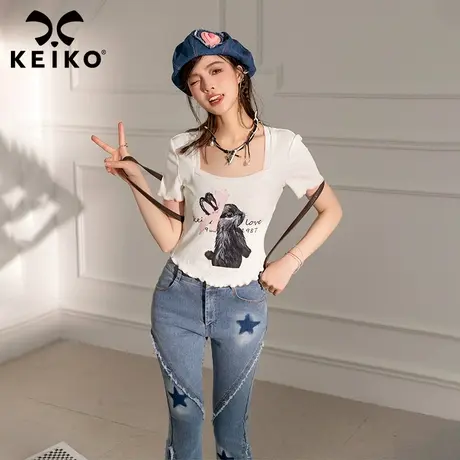 KEIKO 兔兔印花白色短袖t恤女夏季美式复古辣妹方领短款正肩上衣图片