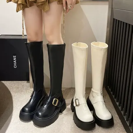 长筒靴女2023年新款春秋季法式复古洋气瘦瘦靴粗跟高跟机车骑士靴图片