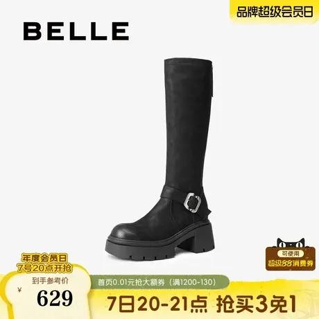 百丽复古高长弹力骑士靴女冬季新款粗跟显瘦长筒靴子E5H1DDG5商品大图