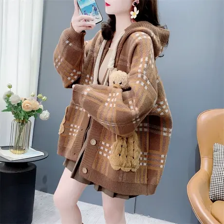 慵懒风立体小熊可爱连帽毛衣外套女秋冬2024新款宽松洋气开衫上衣商品大图