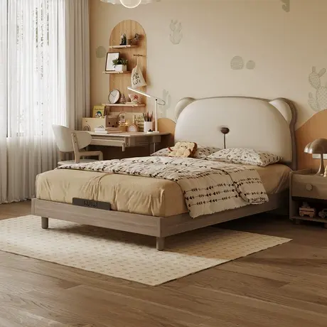 顾家家居实木奶油风白蜡木床儿童男孩女孩卧室1米5单人软靠小熊床图片