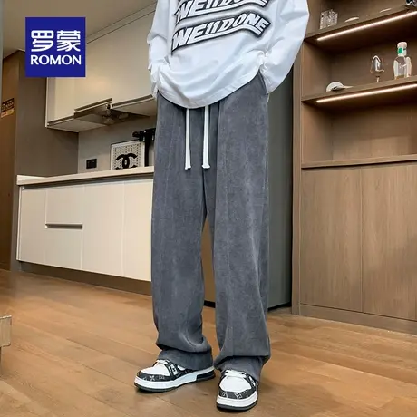 罗蒙男士日常宽松休闲裤2025秋季新款简约百搭松紧腰抽绳直筒裤男商品大图