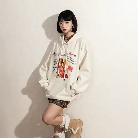 YEP美式复古印花连帽卫衣女春秋2025新款潮牌帽衫宽松厚外套加绒商品大图