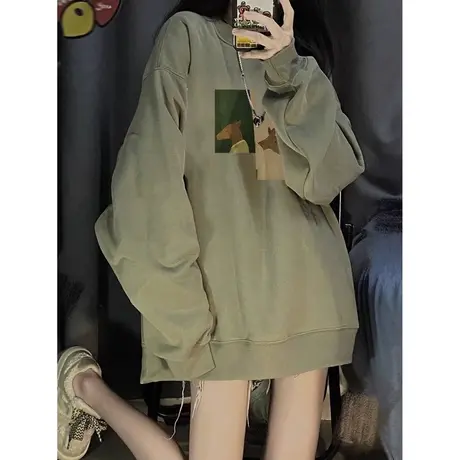 vintage古着无帽薄款卫衣女秋季韩版chic复古港味宽松圆领上衣潮商品大图