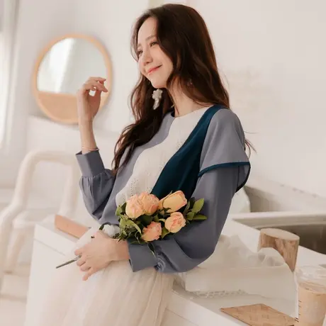 桔熊春秋季通勤蕾丝不对称荷叶边长袖上衣女装胖妹妹大码AB16197商品大图