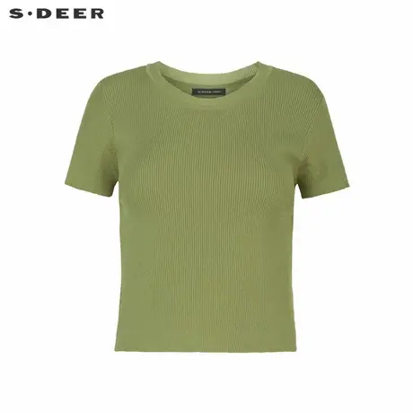 sdeer圣迪奥女装罗纹圆领修身打底短袖针织衫S242Z3504商品大图